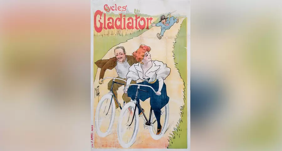 Plakat Cycles Gladiator. Werbeplakat für Fahrräder der Marke Cycles Gladiator, Lithographie von Ferdinand Mifliez, Paris 1895. Quelle: SDTB, Historisches Archiv, V.4. X 0058