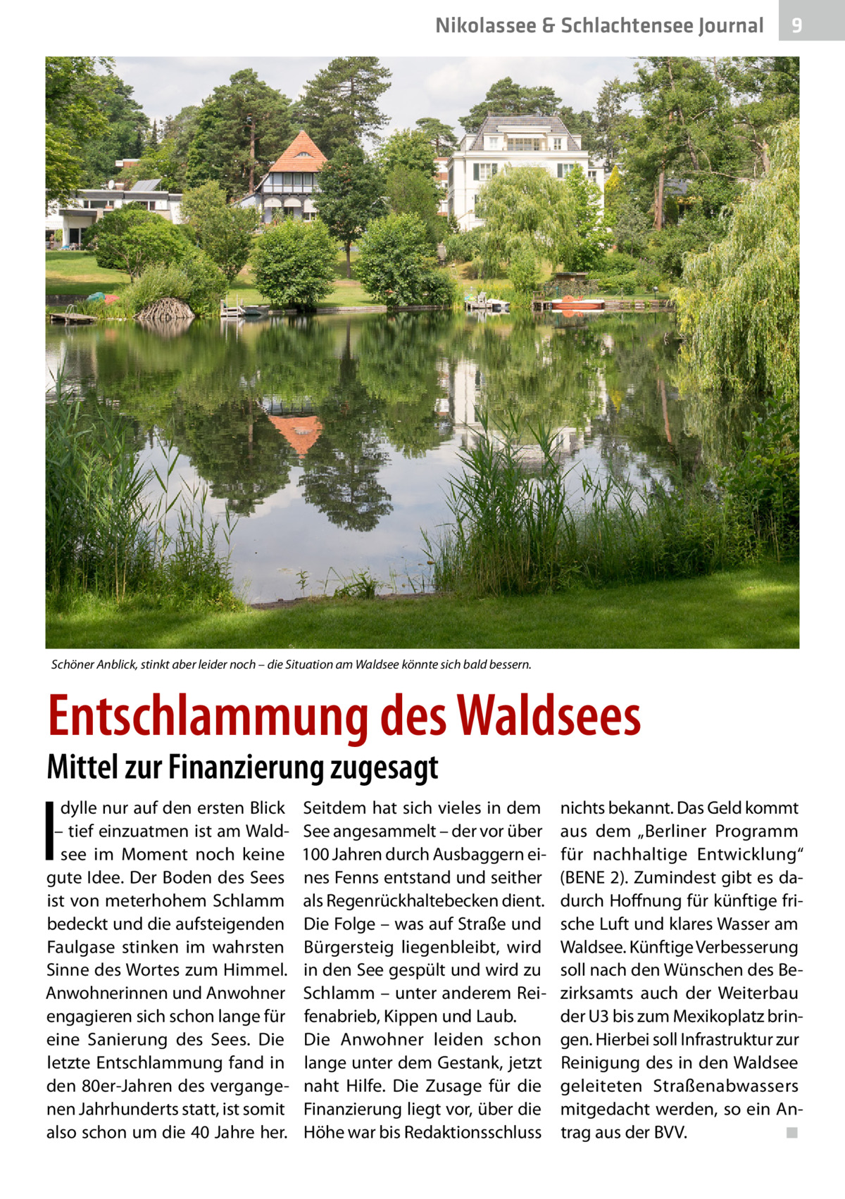 Nikolassee & Schlachtensee Gesundheit Journal  9  Schöner Anblick, stinkt aber leider noch – die Situation am Waldsee könnte sich bald bessern.  Entschlammung des Waldsees  Mittel zur Finanzierung zugesagt  I  dylle nur auf den ersten Blick – tief einzuatmen ist am Waldsee im Moment noch keine gute Idee. Der Boden des Sees ist von meterhohem Schlamm bedeckt und die aufsteigenden Faulgase stinken im wahrsten Sinne des Wortes zum Himmel. Anwohnerinnen und Anwohner engagieren sich schon lange für eine Sanierung des Sees. Die letzte Entschlammung fand in den 80er-Jahren des vergangenen Jahrhunderts statt, ist somit also schon um die 40 Jahre her.  Seitdem hat sich vieles in dem See angesammelt – der vor über 100 Jahren durch Ausbaggern eines Fenns entstand und seither als Regenrückhaltebecken dient. Die Folge – was auf Straße und Bürgersteig liegenbleibt, wird in den See gespült und wird zu Schlamm – unter anderem Reifenabrieb, Kippen und Laub. Die Anwohner leiden schon lange unter dem Gestank, jetzt naht Hilfe. Die Zusage für die Finanzierung liegt vor, über die Höhe war bis Redaktionsschluss  nichts bekannt. Das Geld kommt aus dem „Berliner Programm für nachhaltige Entwicklung“ (BENE 2). Zumindest gibt es dadurch Hoffnung für künftige frische Luft und klares Wasser am Waldsee. Künftige Verbesserung soll nach den Wünschen des Bezirksamts auch der Weiterbau der U3 bis zum Mexikoplatz bringen. Hierbei soll Infrastruktur zur Reinigung des in den Waldsee geleiteten Straßenabwassers mitgedacht werden, so ein Antrag aus der BVV.� ◾